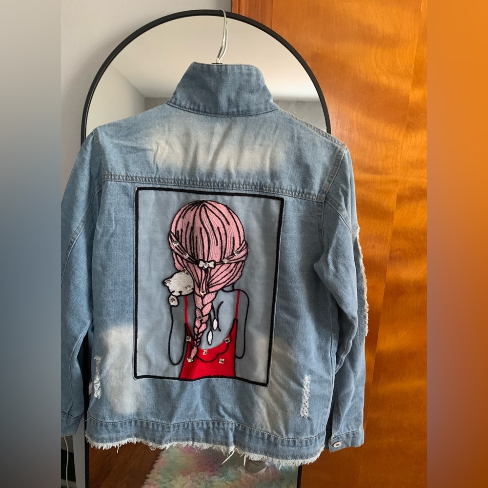 Denim Jacket with Pink Graphics and sequins one of a KIND